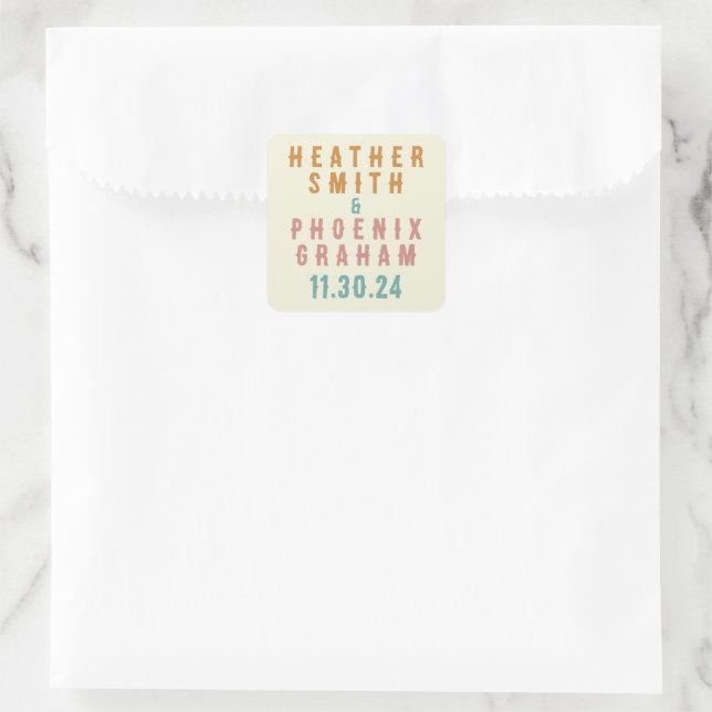 Retro Bold Typography Bright Custom Wedding Square Sticker (Bag)