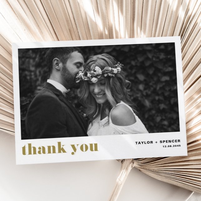 Retro Bold Typography Gold Photo Wedding Thank You Card (Creator Uploaded)