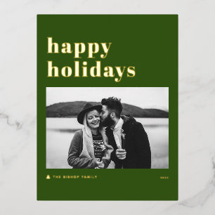 Retro Bold Typography Green Happy Holidays Photo Foil Holiday Postcard