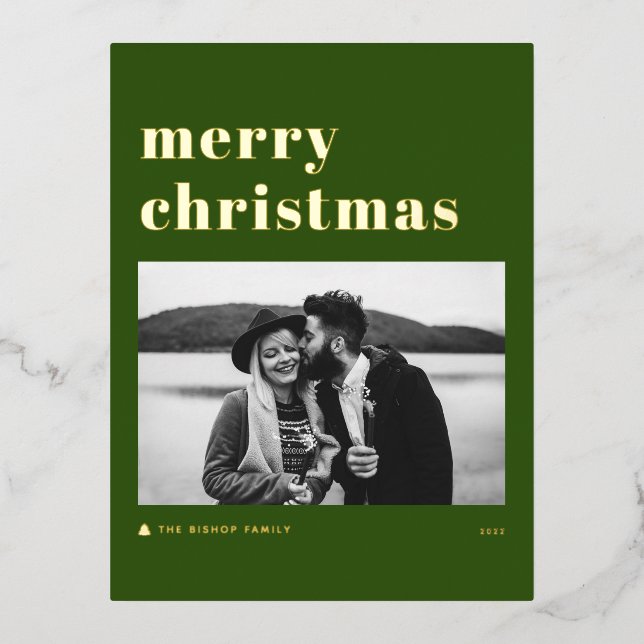 Retro Bold Typography Green Merry Christmas Photo Foil Holiday Postcard (Front)