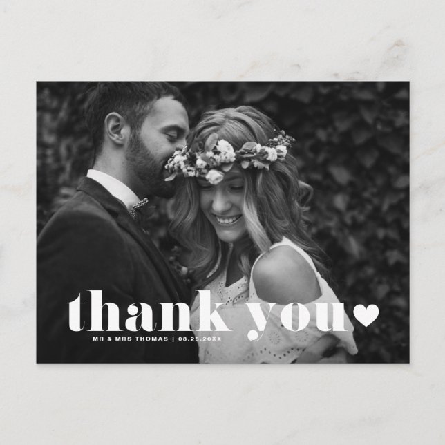 Retro Bold Typography Heart Wedding Thank You Postcard (Front)