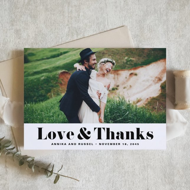 Retro Bold Typography Love & Thanks Photo Wedding Thank You Card (Creator Uploaded)