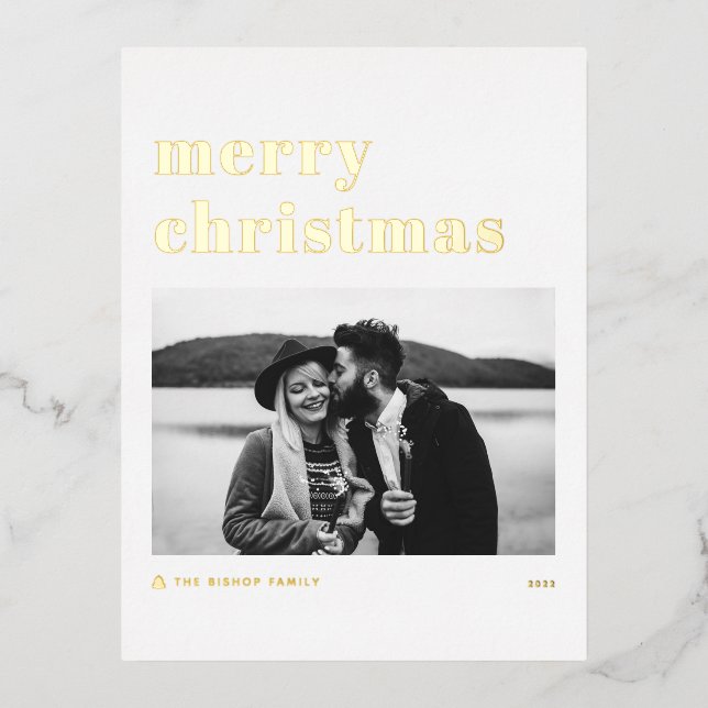 Retro Bold Typography Merry Christmas Photo Foil Holiday Postcard (Front)