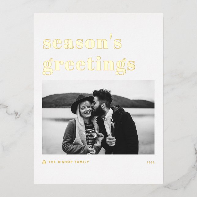 Retro Bold Typography Season's Greetings Foil Holiday Postcard (Front)