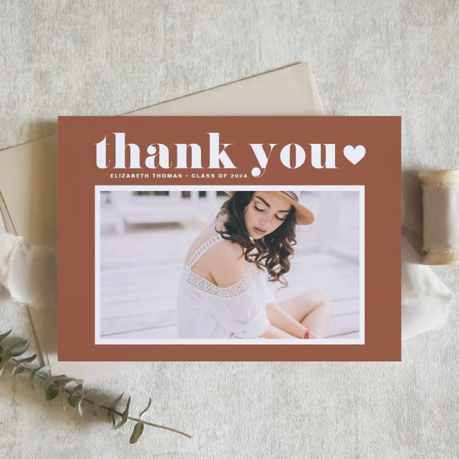 Retro Bold Typography Terracotta Photo Graduation Thank You Card (Creator Uploaded)