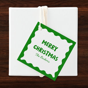Retro Bold Wavy Green Fun Custom Merry Christmas Favour Tags