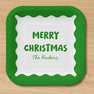 Retro Bold Wavy Green Funky Custom Merry Christmas Paper Plate