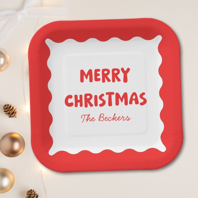 Retro Bold Wavy Red Fun Custom Merry Christmas Paper Plate (Creator Uploaded)