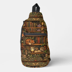 Retro book lover woodland animals sling bag