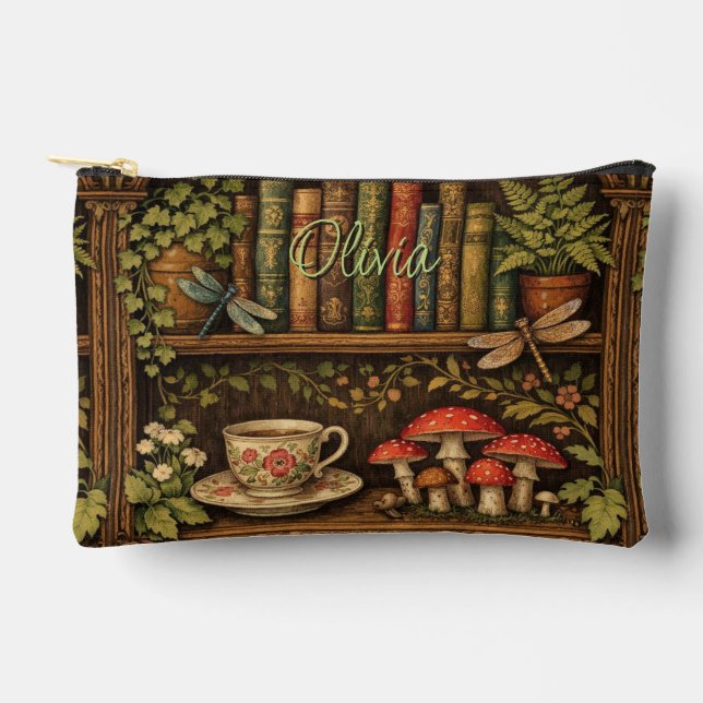 Retro book shelf dragonflies coffee florals  accessory pouch (Front)
