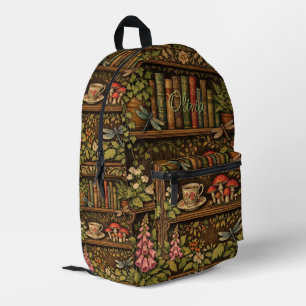 Retro book shelf dragonflies coffee florals  printed backpack