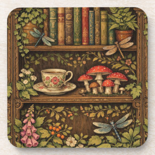 Retro book shelf mushrooms coffee floral  coaster
