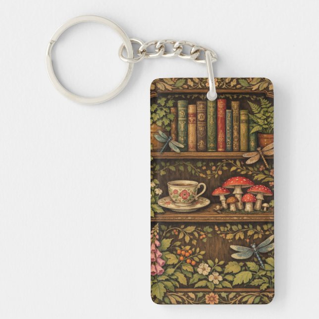 Retro book shelf mushrooms coffee floral  key ring (Front)