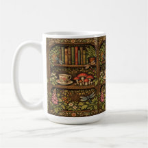 Retro book shelf mushrooms coffee floral 