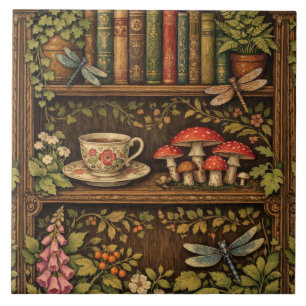 Retro book shelf mushrooms coffee floral  tile