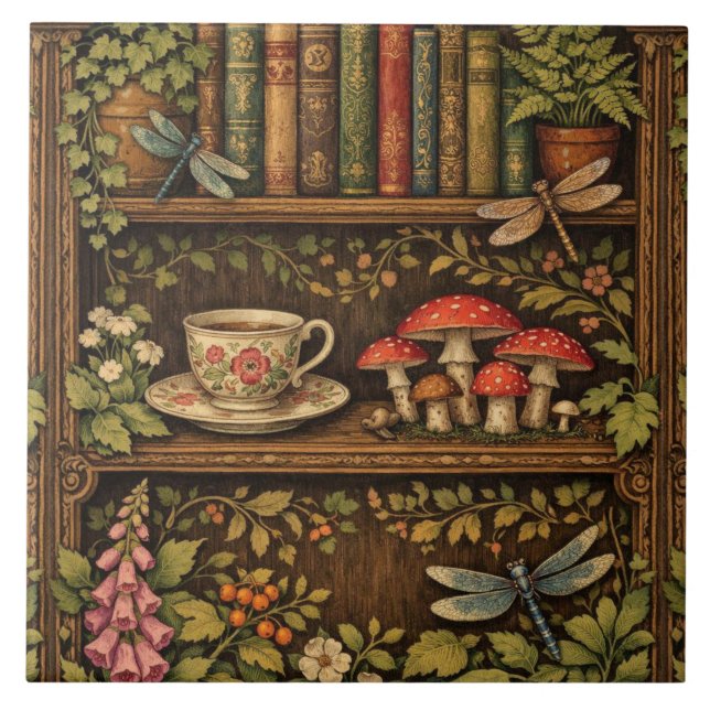 Retro book shelf mushrooms coffee floral  tile (Front)