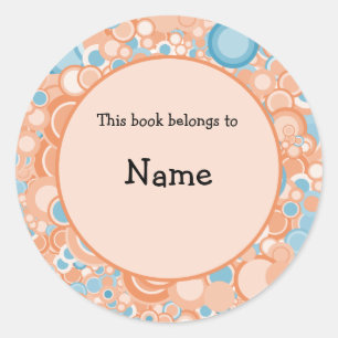 Retro bookplate with blue and pink circles and dot classic round sticker