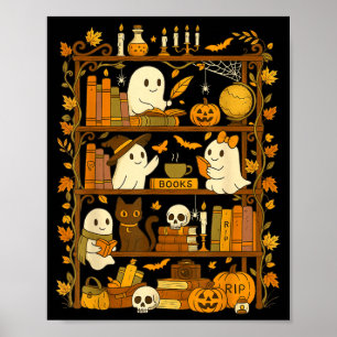 Retro Bookshelf Black Cat Halloween Ghost Reading Poster