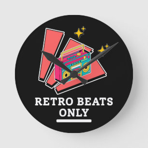 Retro Boombox 80s 90s Vintage Music Beats  Round Clock