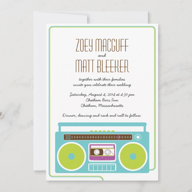 Retro Boombox Indie Mixtape Wedding Blue / Lime Invitation (Front)