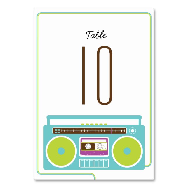 Retro Boombox Indie Mixtape Wedding Blue / Lime Table Number (Front)