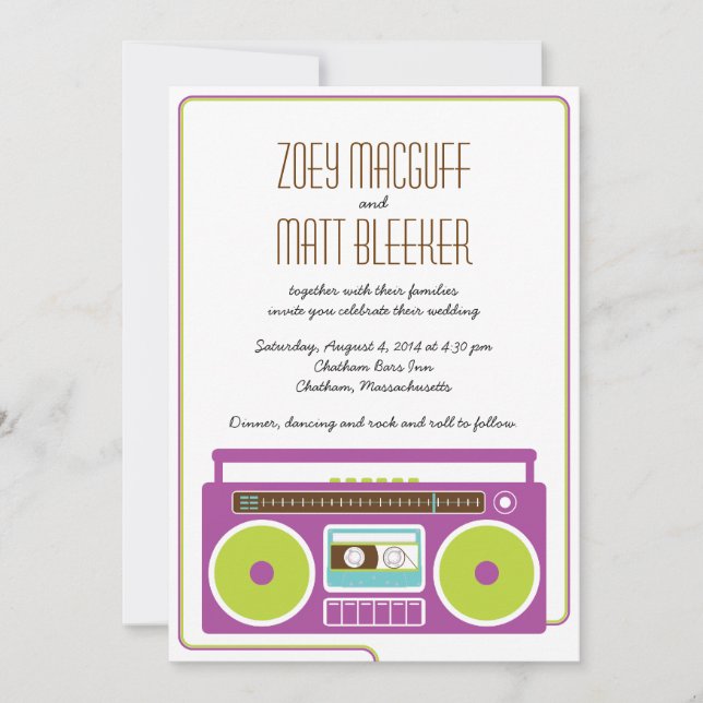 Retro Boombox Indie Mixtape Wedding (Purple/Lime) Invitation (Front)