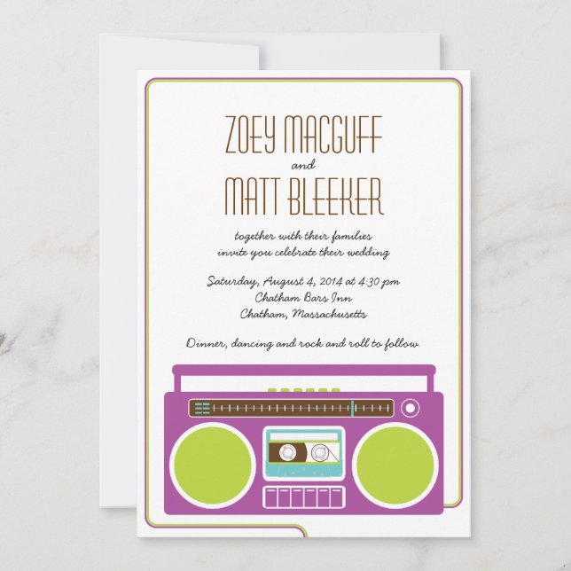 Retro Boombox Indie Mixtape Wedding (Purple/Lime) Invitation (Front)