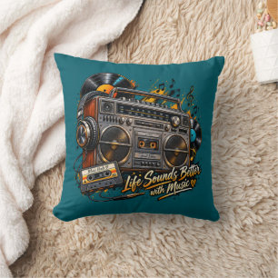 Retro Boombox "Life Sounds Better With Music" Cushion