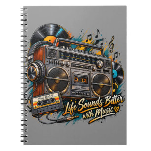 Retro Boombox "Life Sounds Better With Music" Notebook