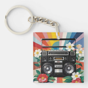 Retro Boombox With Rainbows And Flowers Key Ring