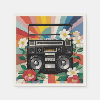 Retro Boombox With Rainbows And Flowers Napkin