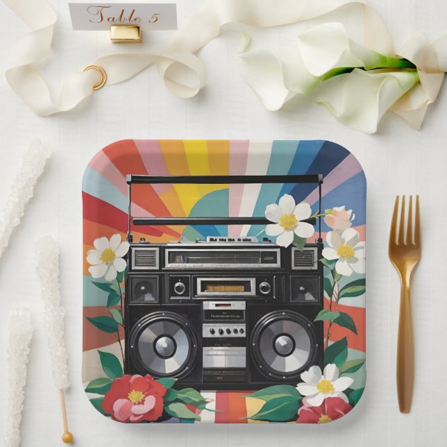 Retro Boombox With Rainbows And Flowers Paper Plate (Wedding)