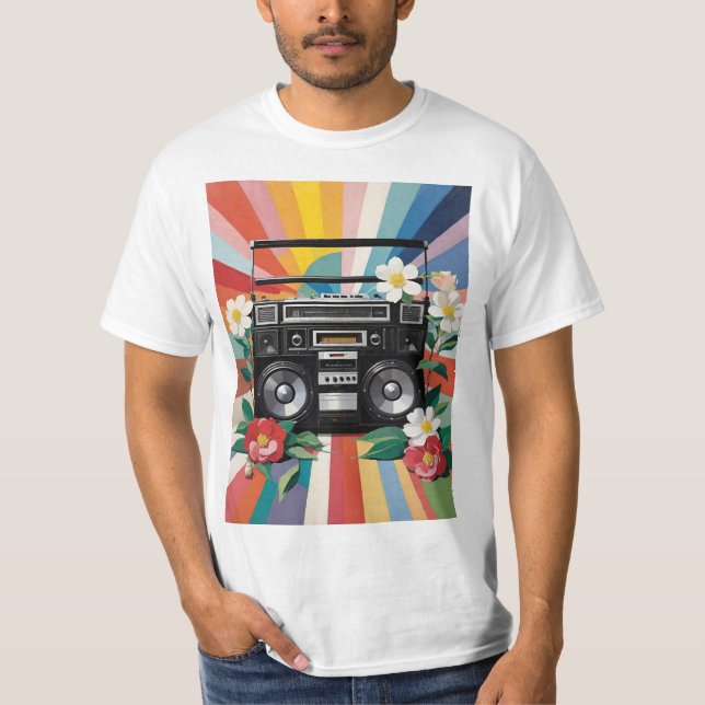 Retro Boombox With Rainbows And Flowers T-Shirt (Front)