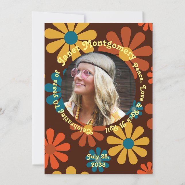 Retro Boomer Flower Power Photo Birthday  Invitation (Front)