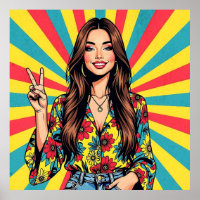 Retro Boomer Hippie Lady giving Peace Sign