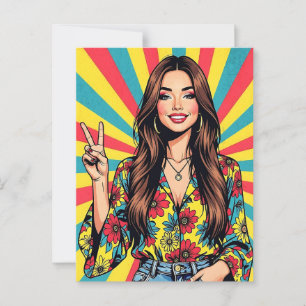 Retro Boomer Hippie Lady giving Peace Sign Postcard