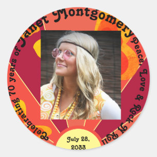 Retro Boomer Hippy Sunrise Photo Birthday  Classic Round Sticker
