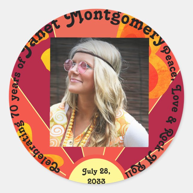 Retro Boomer Hippy Sunrise Photo Birthday  Classic Round Sticker (Front)