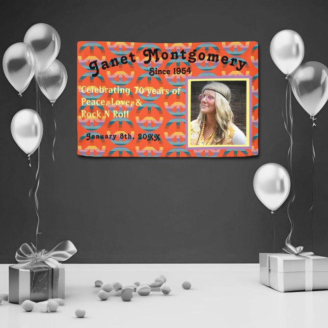 Retro Boomer Rainbow Peace Sign Photo Birthday  (Rainbow Peace signs on a vibrant background set the stage for a groovy 60's hippie birthday)