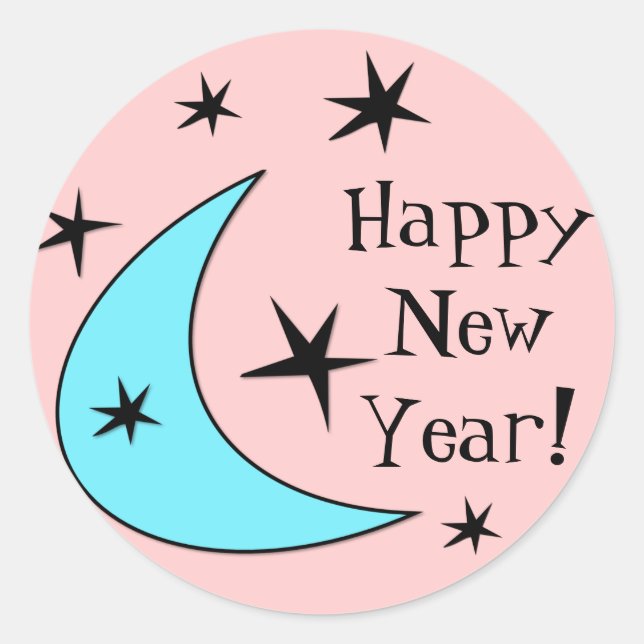 Retro Boomerang Stars "Happy New Year!" Classic Round Sticker (Front)