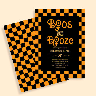 Retro Boos And Booze Halloween Checkered Orange Invitation