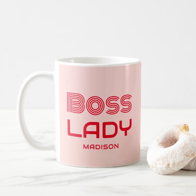Retro Boss Lady Pink And Red Personalised Coffee Mug (With Donut)