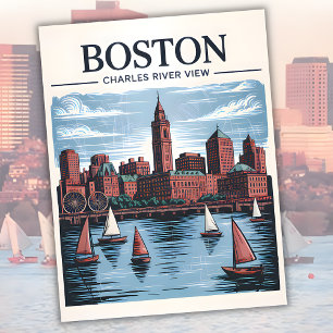 Retro Boston Sailboat Massachusetts Skyline Travel Postcard