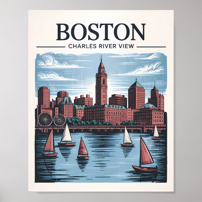 Retro Boston Sailboat Massachusetts Skyline Travel Poster (Front)