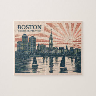 Retro Boston Sailboats Skyline Art Classic Bold Jigsaw Puzzle