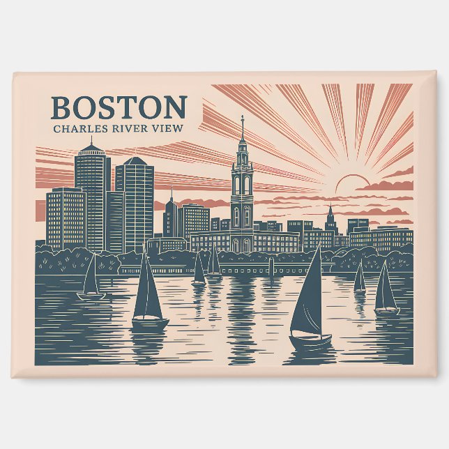 Retro Boston Sailboats Skyline Art Classic Bold Magnet (Front)