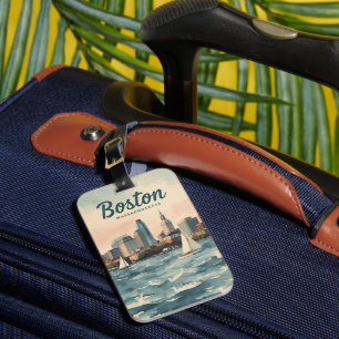 Retro Boston Skyline & Sailboats Massachusetts Luggage Tag