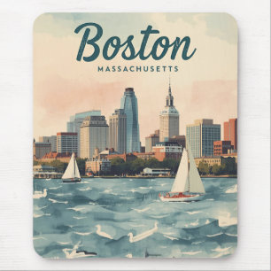 Retro Boston Skyline & Sailboats Massachusetts Mouse Mat