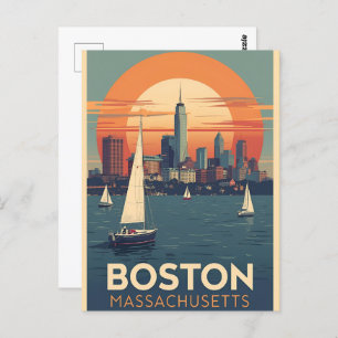 Retro Boston Skyline & Sailboats   Massachusetts Postcard