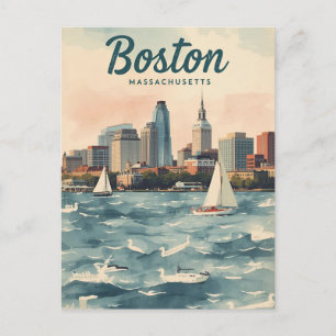 Retro Boston Skyline & Sailboats Massachusetts Postcard